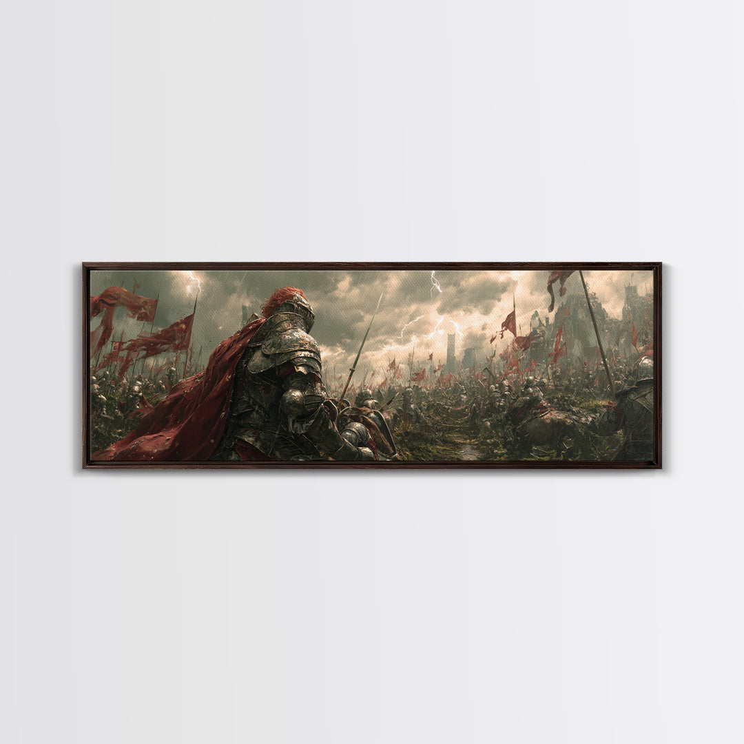 Armored Knight On Stormy Battlefield Framed Canvas Print, Medieval Fantasy Wall Art, Warrior Decor, Gift For Him, Man Cave Decor
