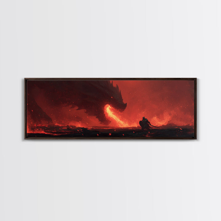 Dramatic Canvas Print Depicting Brave Knight Facing Ferocious Fire Breathing Dragon In Fiery Red Landscape Epic Fantasy Wall Art For Home And Office Decor
