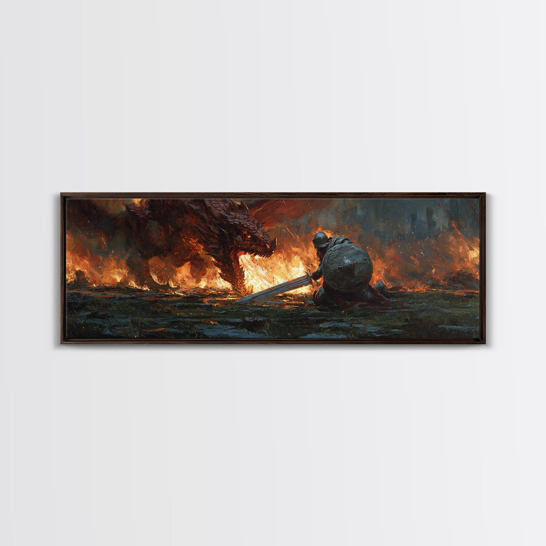 Heroic Knight Facing Fiery Dragon Fantasy Battle Scene Canvas Print Modern Wall Art For Living Room Or Game Room Decor