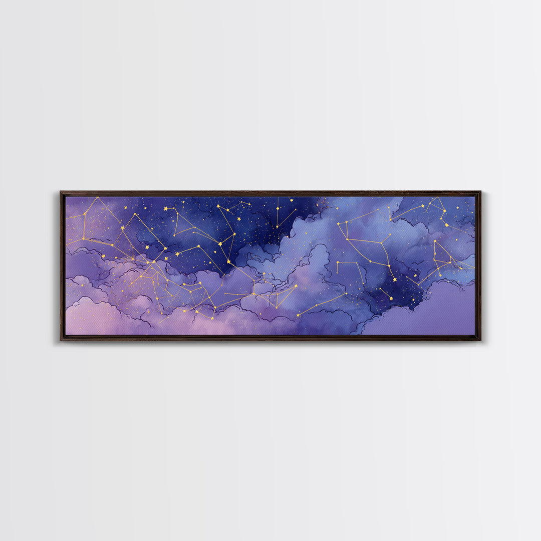 Purple Night Sky With Gold Constellations Wall Art, Celestial Wall Decor, Astronomy Art Print, Large Horizontal Canvas Print