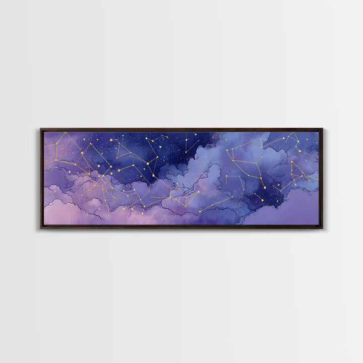 Purple Night Sky With Gold Constellations Wall Art, Celestial Wall Decor, Astronomy Art Print, Large Horizontal Canvas Print