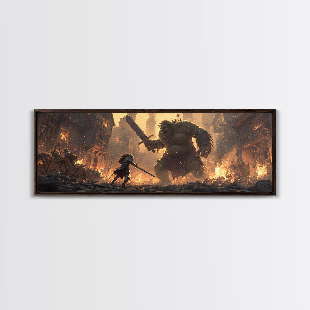 Fantasy Art Scene Of Knight Fighting Giant Ogre In Burning Medieval Town Wall Art Framed Canvas Print