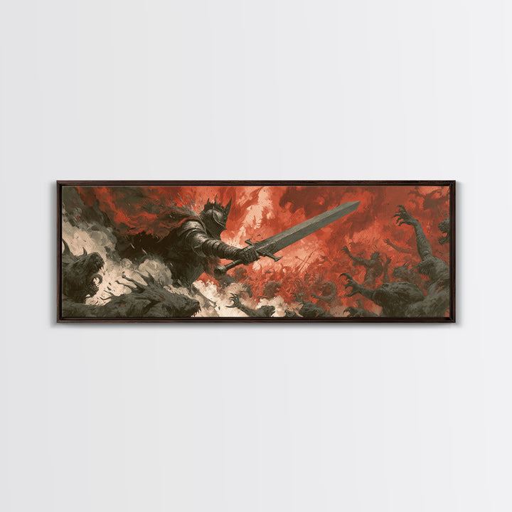 Epic Armored Knight Battling Dark Creatures In Fiery Fury Fantasy Canvas Print For Dramatic Wall Art Decor