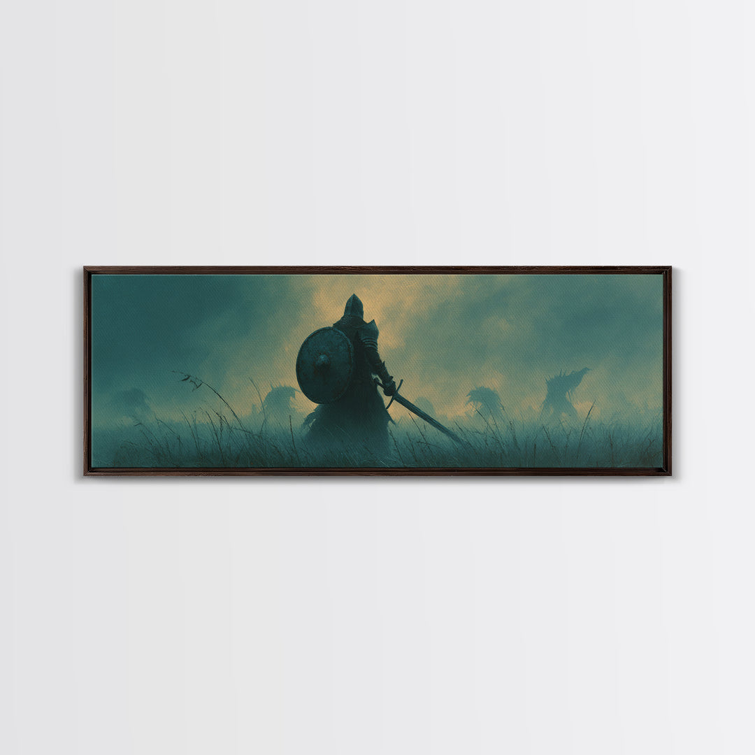 Brave Knight Standing Before Shadowy Dragon Figures Surrounded By Fog Canvas Print Large Wall Art For Dark Fantasy Decor