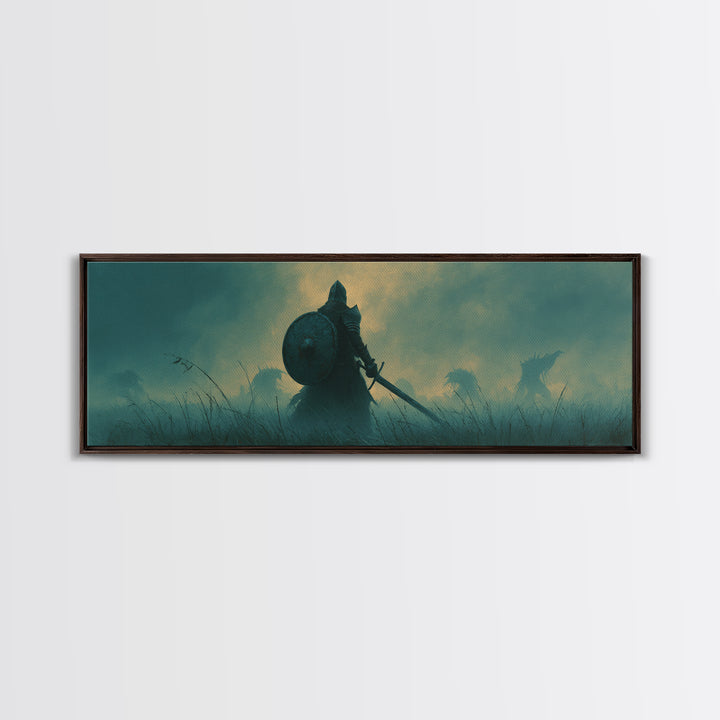 Brave Knight Standing Before Shadowy Dragon Figures Surrounded By Fog Canvas Print Large Wall Art For Dark Fantasy Decor