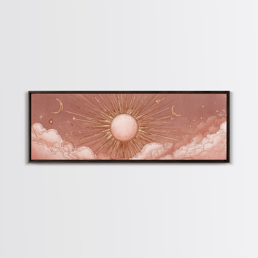 Rose Gold Sun And Twin Moons Wall Art, Celestial Wall Decor, Boho Bedroom Decor, Mystical Large Horizontal Framed Canvas Print
