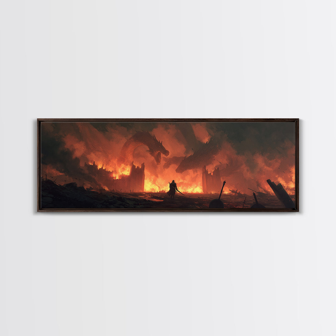 Epic Fantasy Warrior In Fiery Castle With Dragons Wall Art Canvas Print For Game Room Or Bedroom Decor