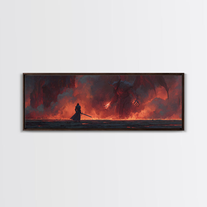 Heroic Fantasy Knight Facing Fiery Demon In Epic Battle Scene Wall Art Framed Canvas Print For Game Room, Bedroom, Or Fantasy Art Collectors Gift