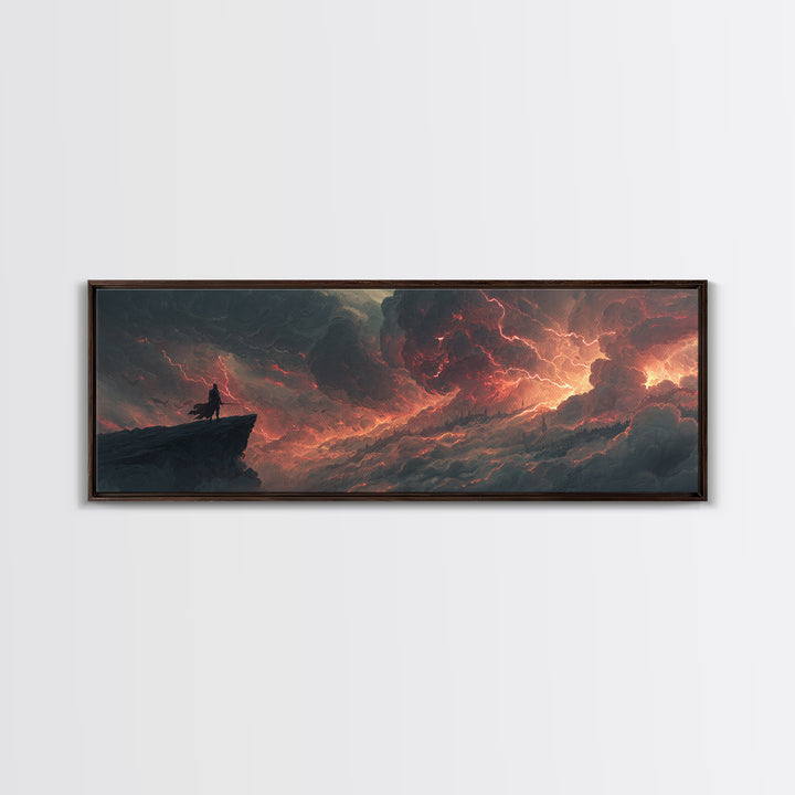 Epic Fantasy Warrior Standing On Cliff Amid Intense Fiery Sky - Dramatic Fantasy Wall Art Canvas Print For Bold Home Decor