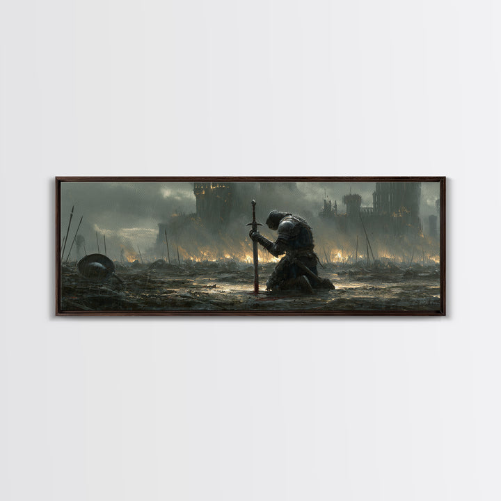 Medieval Knight Kneeling On Battlefield In Rain With Flaming Castle Background Dramatic Wall Art Canvas Print