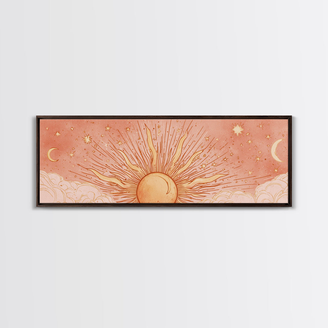 Radiant Orange Sun With Crescent Moons Wall Art, Celestial Wall Decor, Boho Sun And Moon Art, Large Horizontal Canvas Print