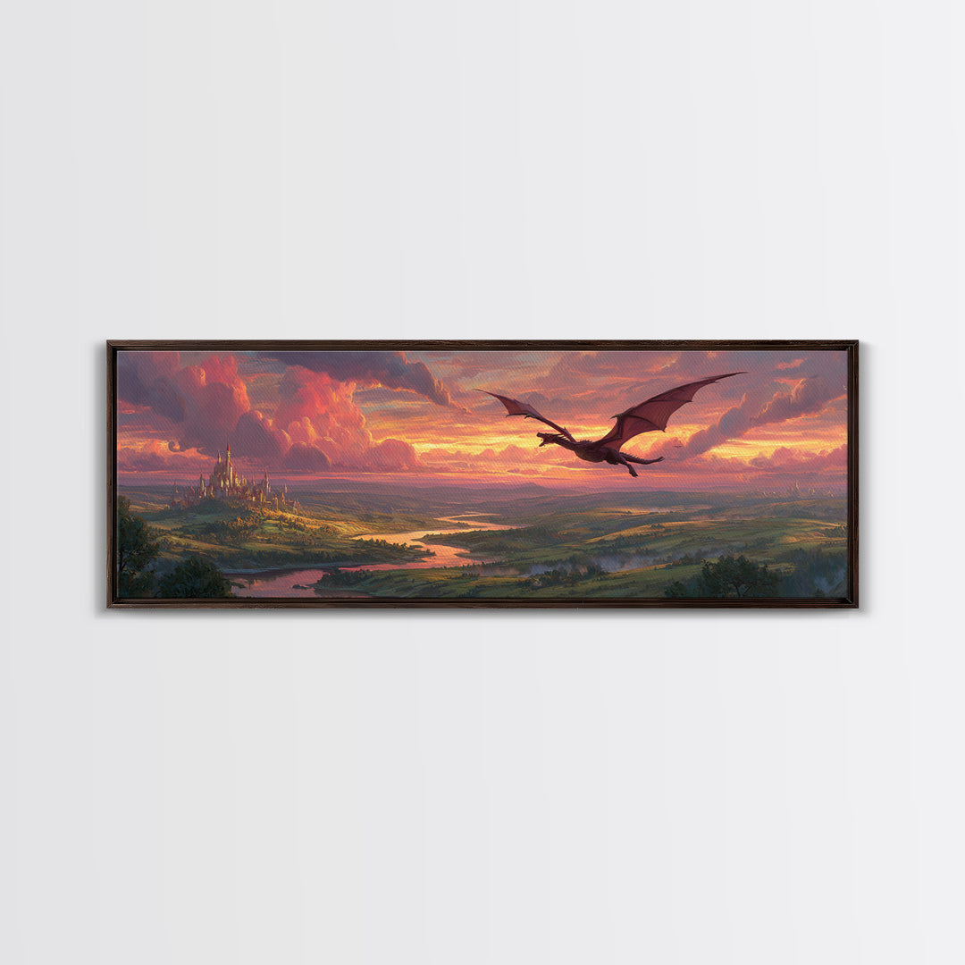 Epic Fantasy Landscape Painting Of A Castle On Hill With A Flying Dragon Under Dramatic Sunset Skies Wall Art