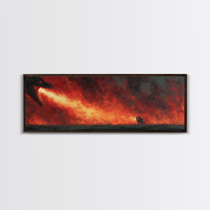 Epic Fantasy Dragon Breathing Fire At Warrior In Armor Wall Art Canvas Print Dramatic Mythical Battle Scene For Game Room Or Man Cave Home Decor