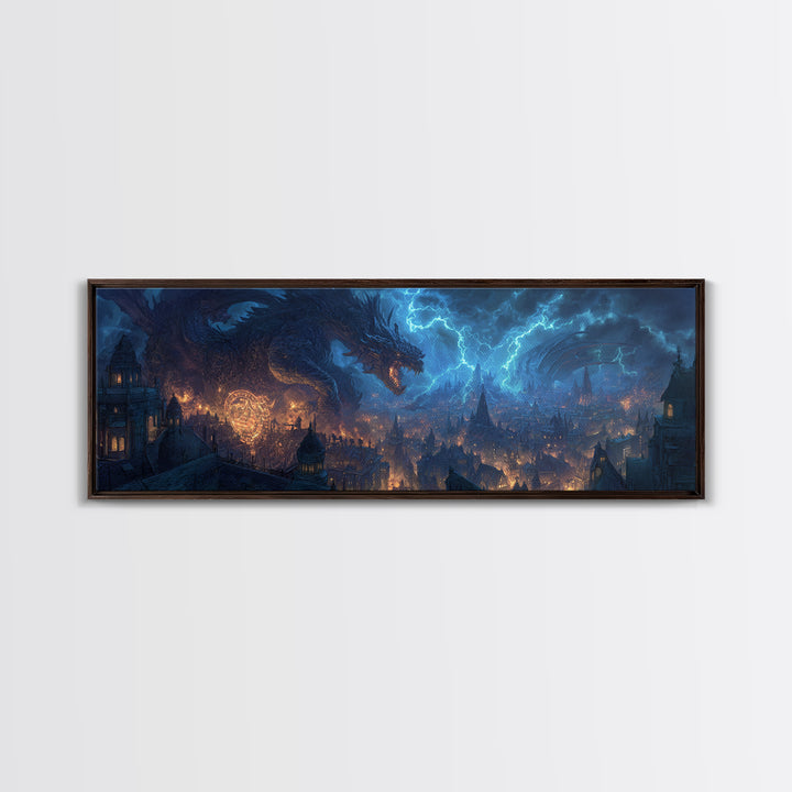 Epic Dragon Breathing Lightning Over Medieval Cityscape Wall Art Dramatic Fantasy Canvas Print Home Decor