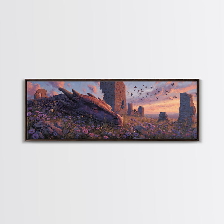 Sleeping Dragon Among Purple Wildflowers With Ancient Ruins Wall Art Print Magical Fantasy Canvas Print
