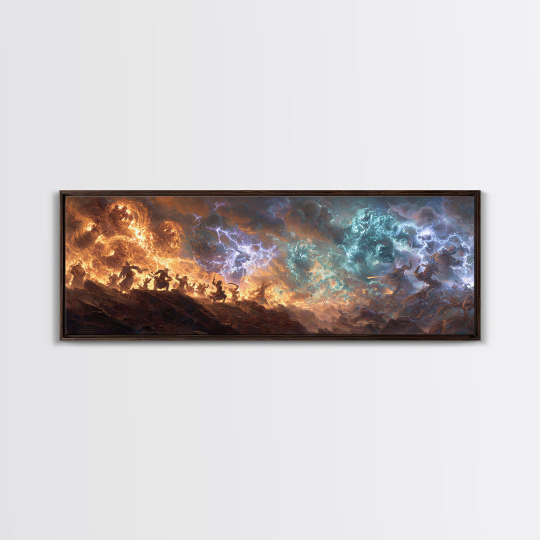 Dynamic Battle Scene Lightning Storm Fantasy Epic War Painting Wall Art Canvas Print For Mythical Home Decor And Unique Art Lovers