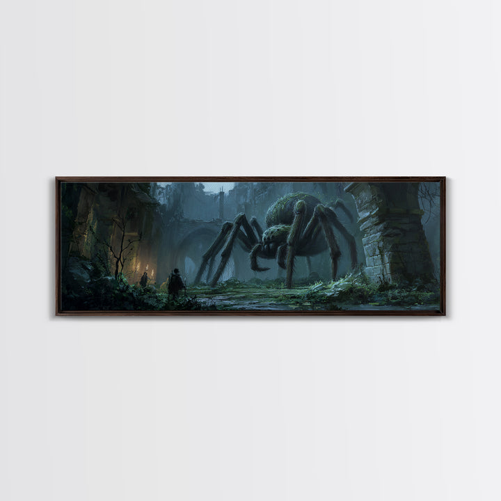 Giant Spider In Ancient Ruins With Adventurers, Dark Fantasy Illustration Wall Art Print, Framed Canvas Print For Gothic And Fantasy Decor