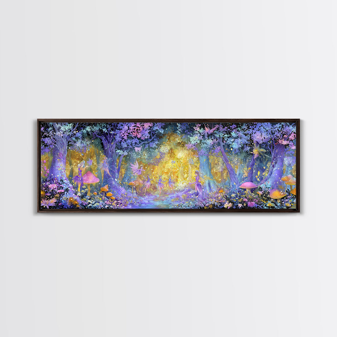 Enchanting Forest Fairy Dance With Magical Mushrooms And Glowing Lights Whimsical Wall Art Framed Canvas Print