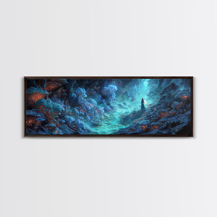 Surreal Fantasy Glowing Cave With Blue Mushroom Forest Wall Art Canvas Print For Mystical Decor And Unique Gift Ideas