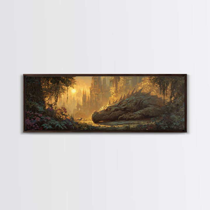 Fantasy Dragon Resting Peacefully In Enchanted Forest With Castle - Magical Fantasy Wall Art Canvas Print For Unique Home Decor