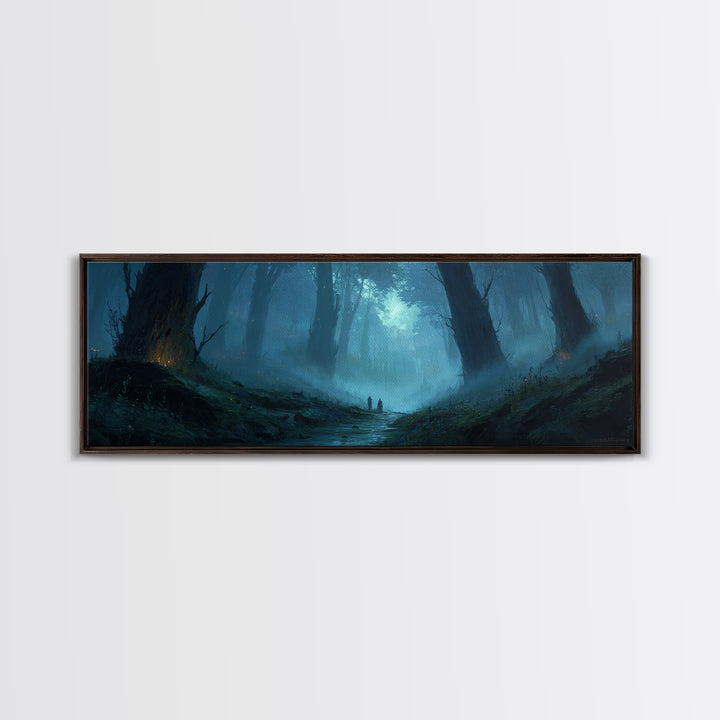 Atmospheric Misty Woodland With Two Figures Walking Through Foggy Forest - Moody Wall Art Canvas Print For Living Room And Bedroom Decor