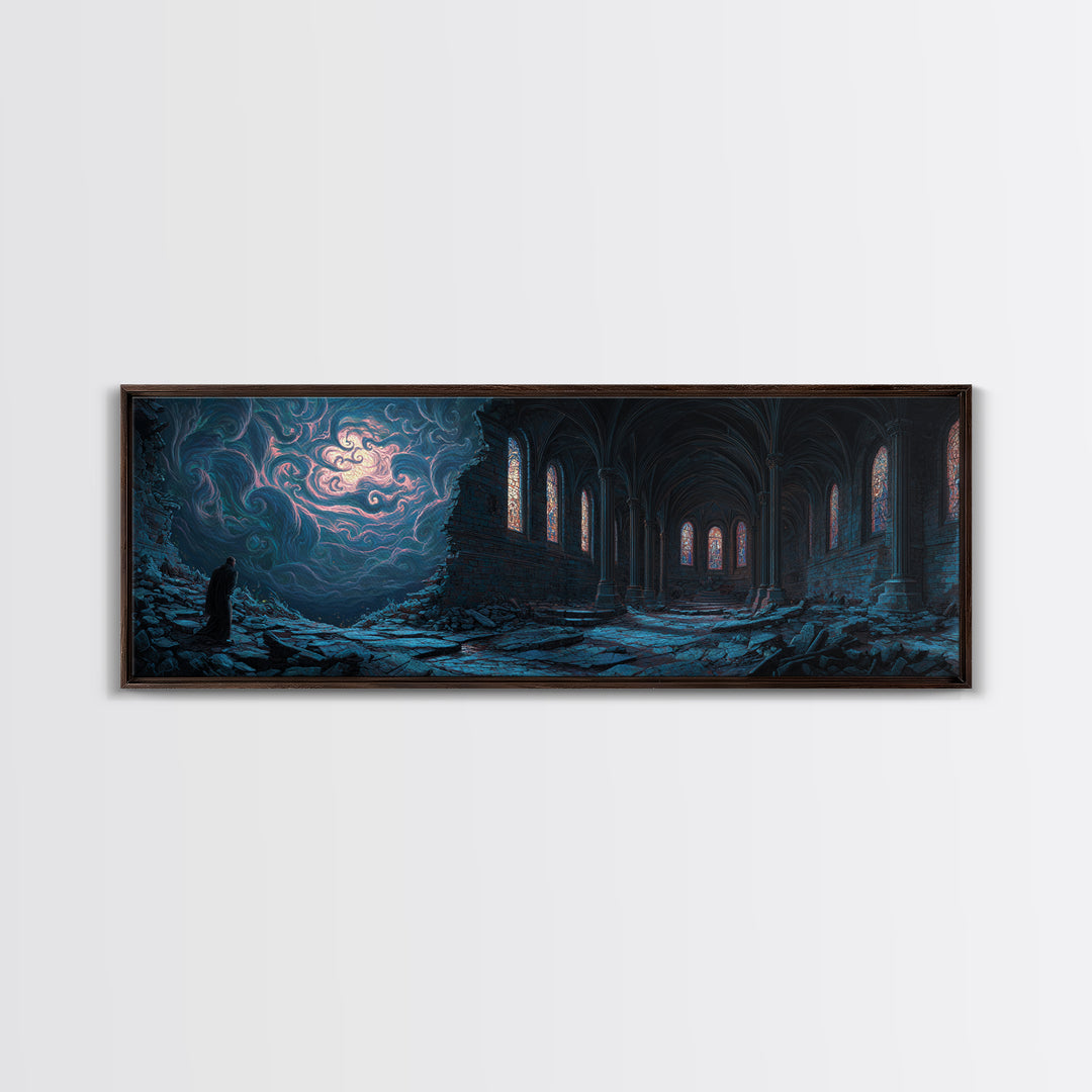 Majestic Ruined Gothic Church Scene At Night Fantasy Art Canvas Print For Dark Academia Wall Decor And Mystical Room Art