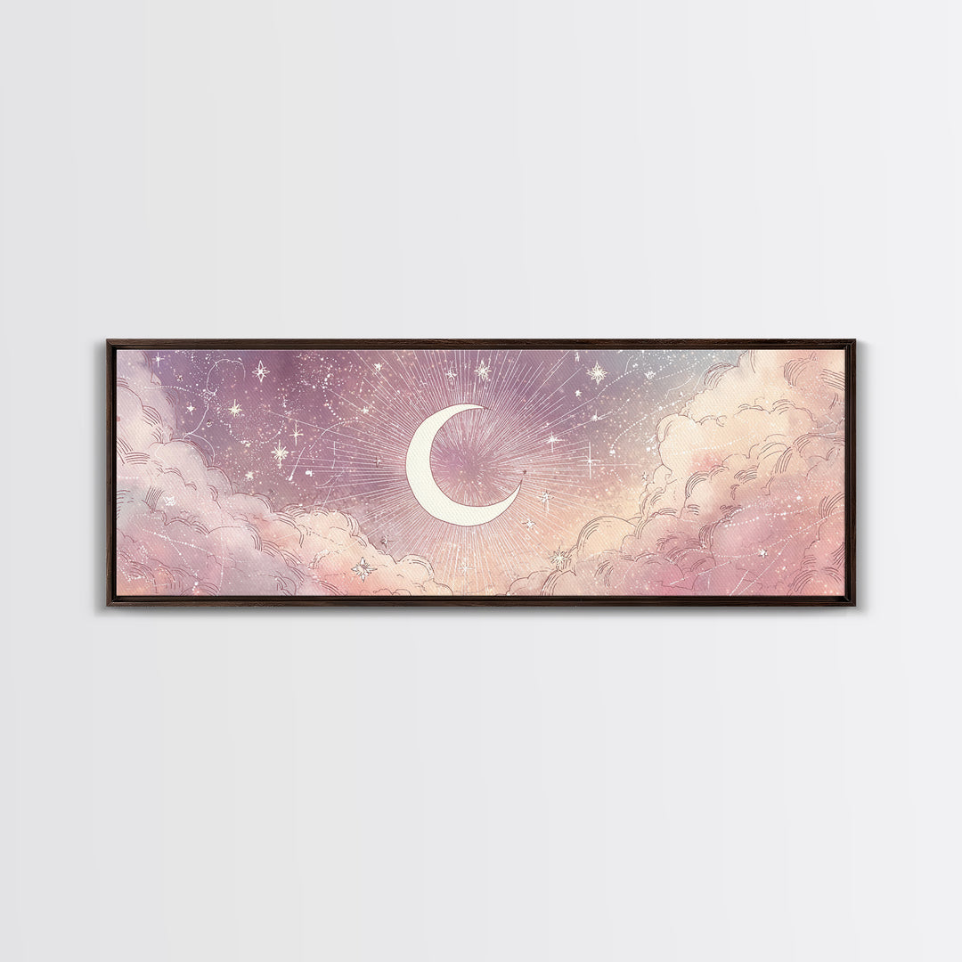 White Crescent Moon Over Pink Clouds Wall Art, Whimsical Celestial Nursery Decor, Dreamy Bedroom Decor, Framed Canvas Print