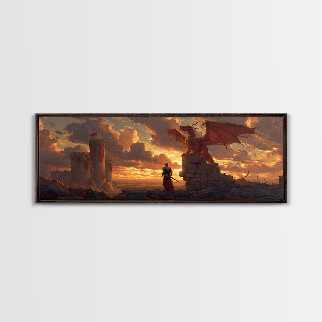 Majestic Dragon And Knight Battle At Castle Digital Fantasy Painting Framed Canvas Print For Magical Wall Art Home Decor