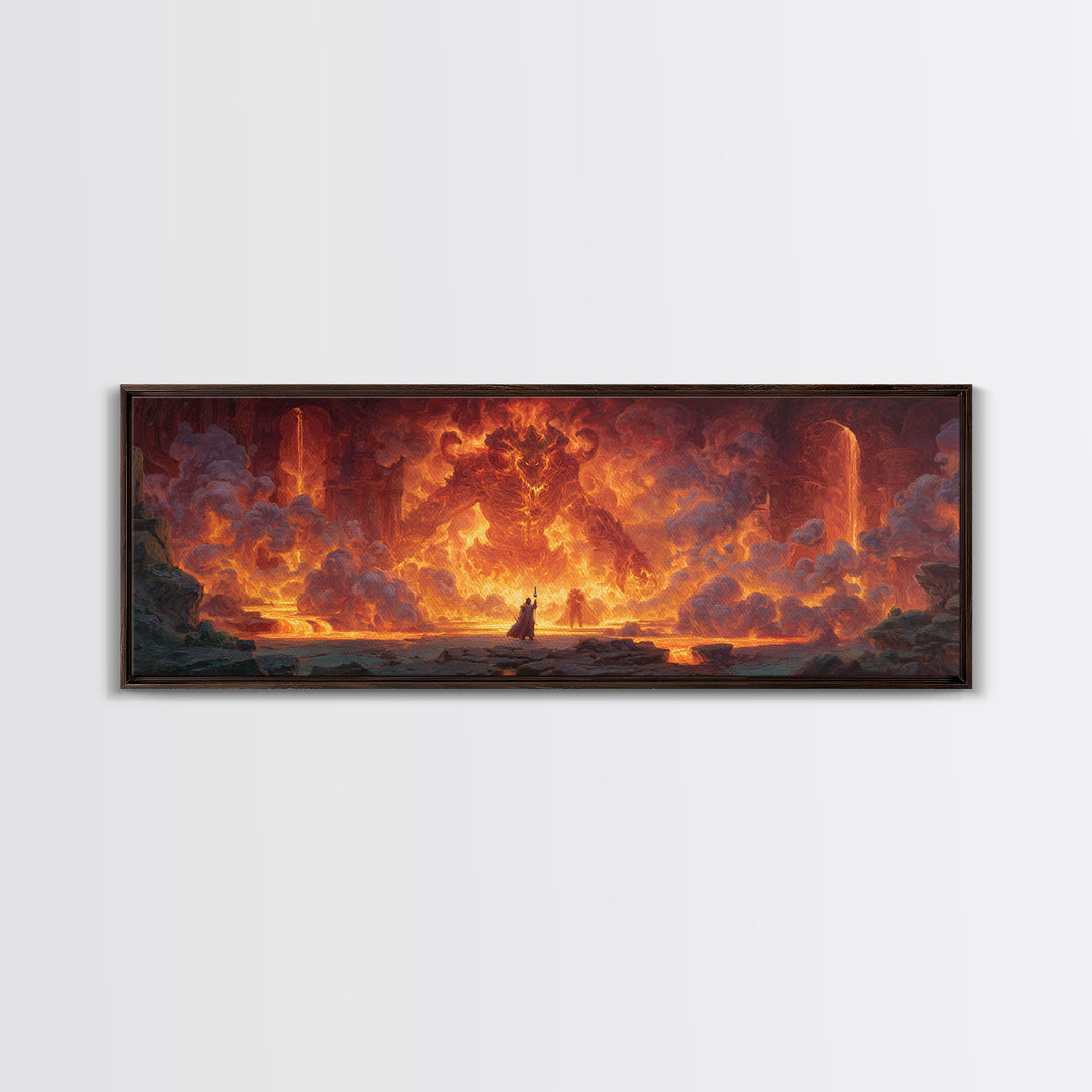 Fire Elemental Giant Facing Brave Warrior In Fiery Landscape Canvas Print Bold Large Wall Art For Dramatic Home Decor