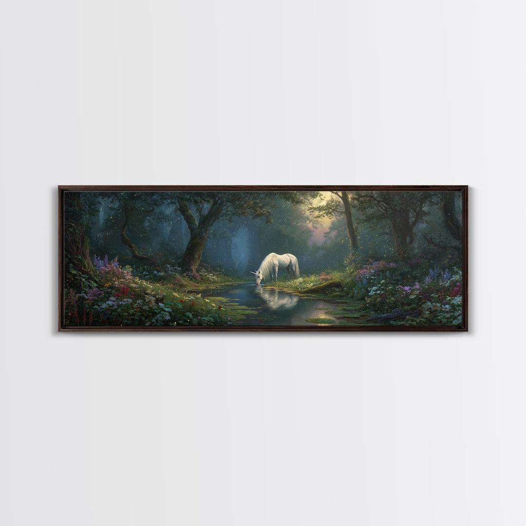 Magical Forest Unicorn Drinking From Stream With Enchanting Light Wall Art Framed Canvas Print For Fantasy Decor Kids Room