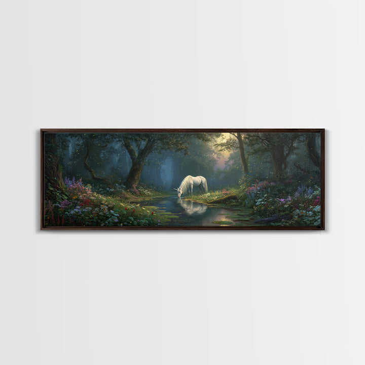 Magical Forest Unicorn Drinking From Stream With Enchanting Light Wall Art Framed Canvas Print For Fantasy Decor Kids Room