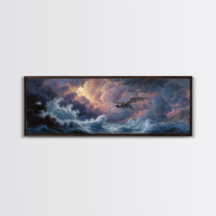 Stormy Seascape With Dragon Emerging From Ocean Waves Fantasy Wall Art Framed Canvas Print For Living Room Decor