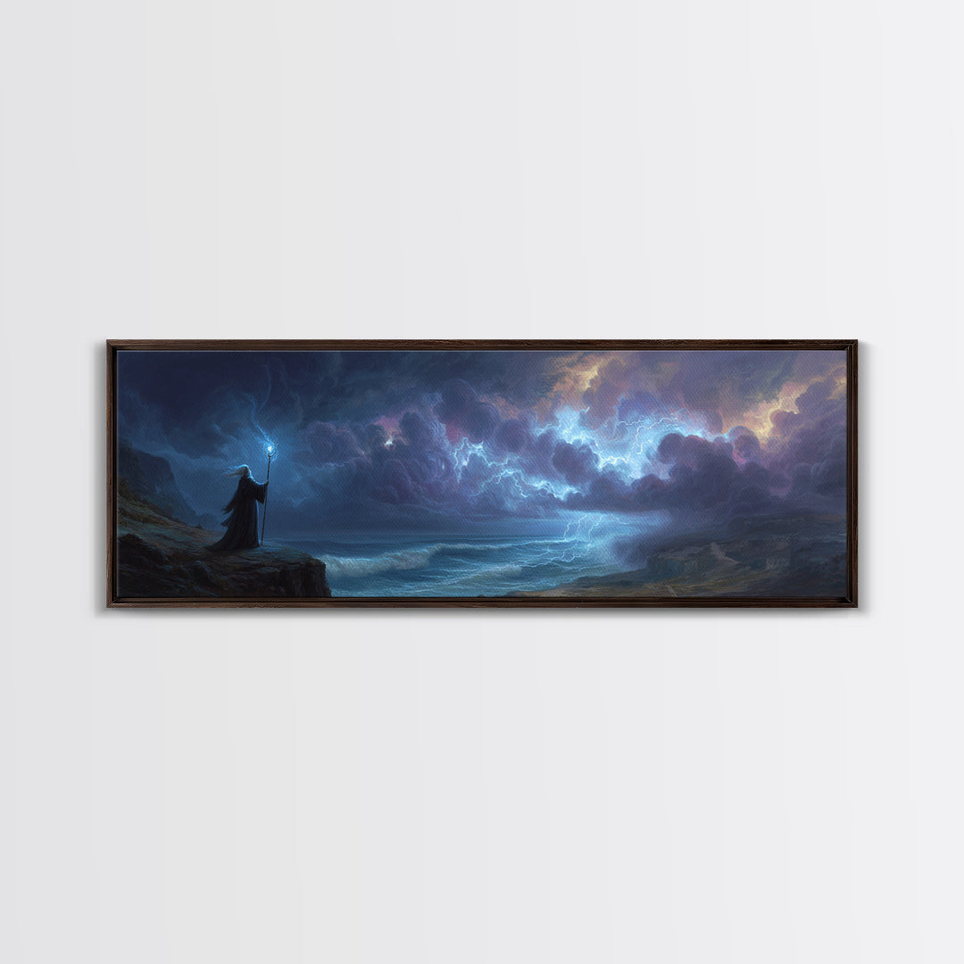 Epic Fantasy Wizard Holding Staff In Stormy Coastal Landscape - Magical Fantasy Wall Art Canvas Print For Mystical Room Decor