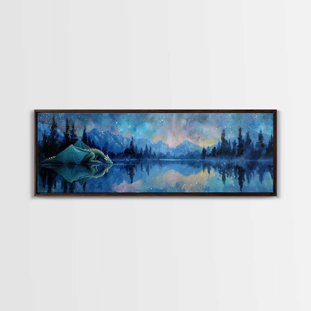 Serene Dragon By Moonlight Drinking From Crystal Lake Amid Starry Sky Framed Canvas Print Fantasy Wall Art