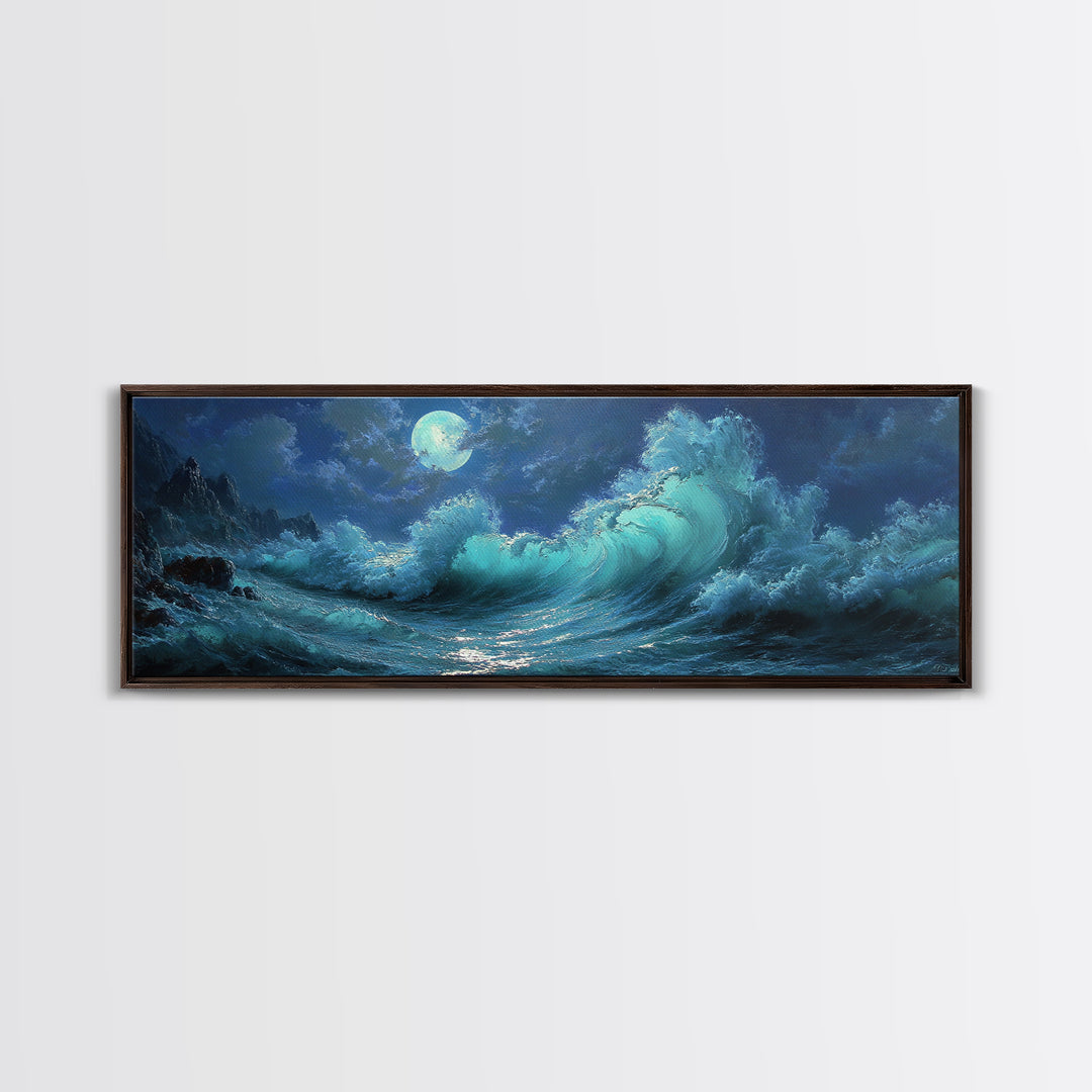 Wave Crash Under Moonlight Oil Painting Wall Art Moody Seascape Canvas Print For Coastal Living Room Decor