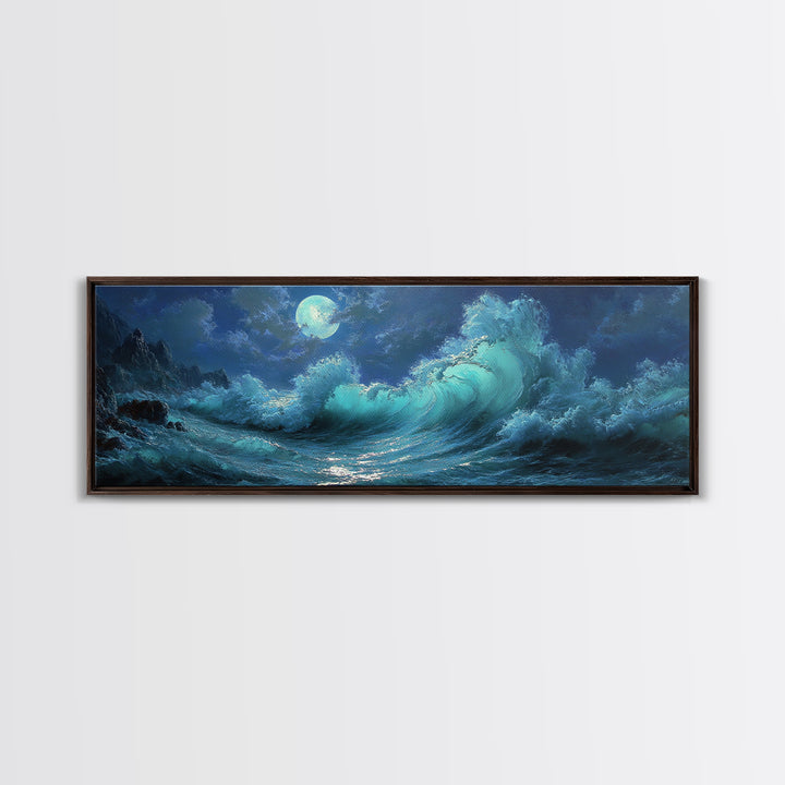 Wave Crash Under Moonlight Oil Painting Wall Art Moody Seascape Canvas Print For Coastal Living Room Decor