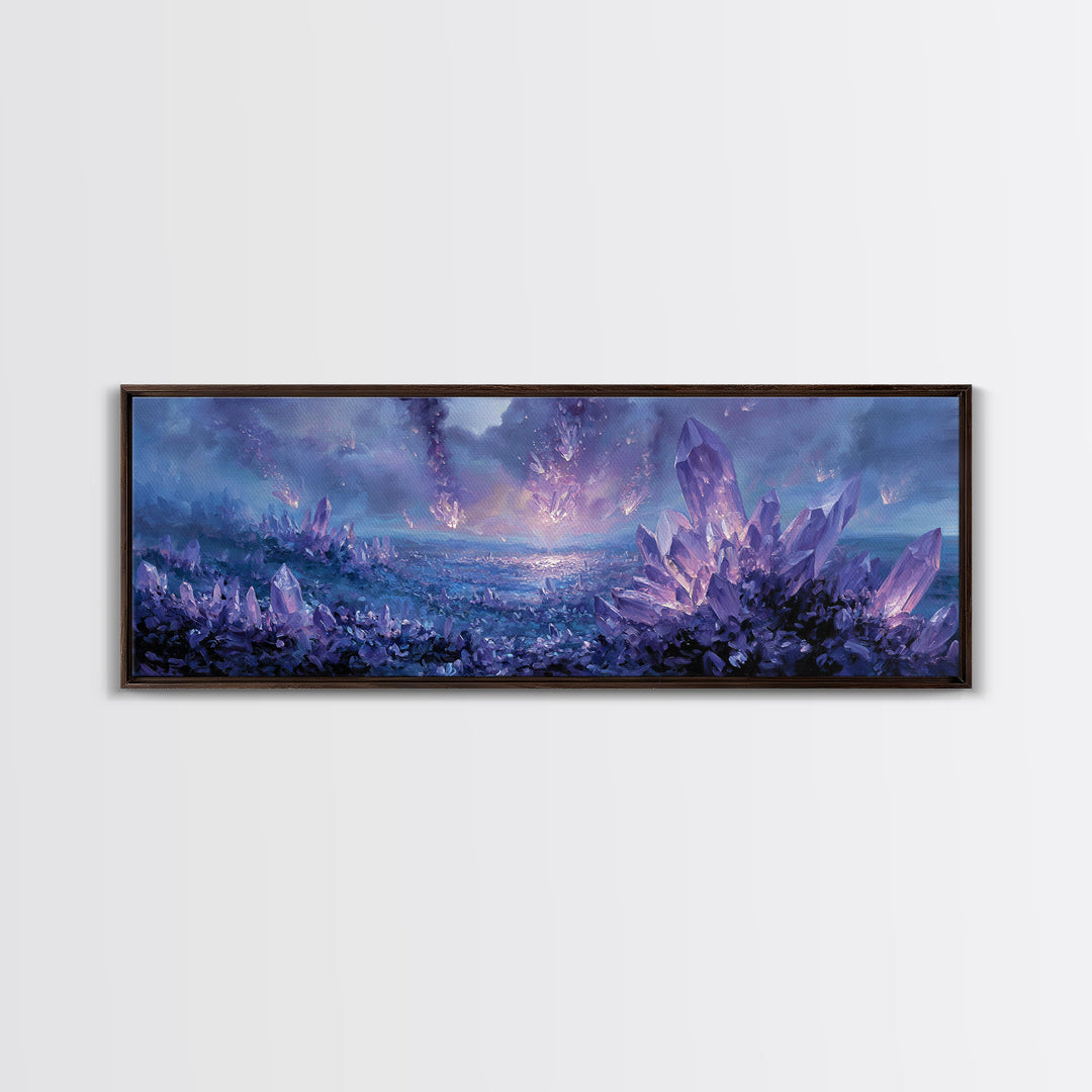 Mystical Purple Crystal Landscape With Falling Crystals Wall Art Framed Canvas Print For Unique Home Decor
