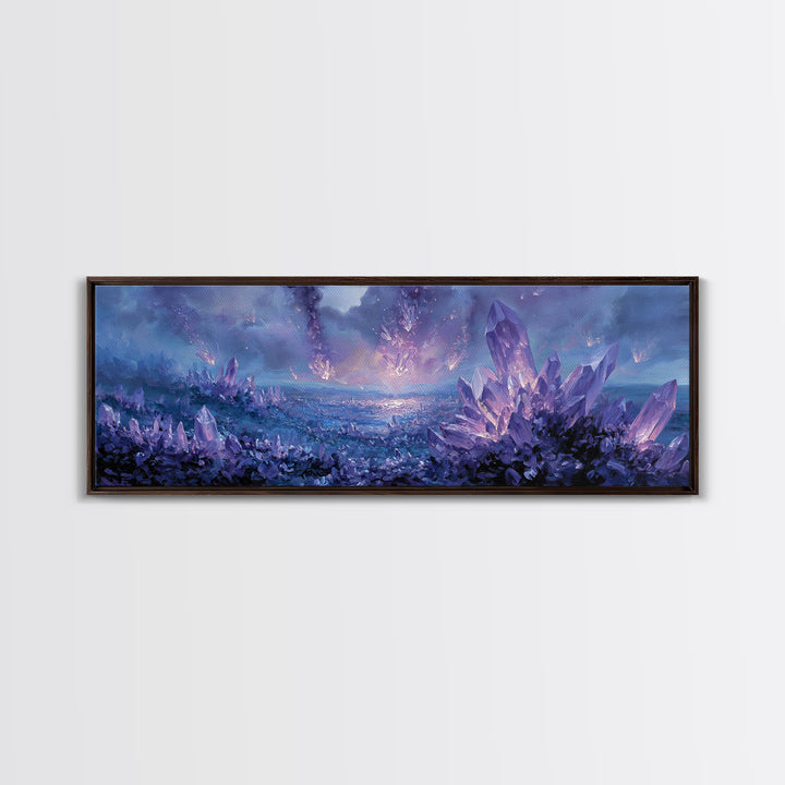 Mystical Purple Crystal Landscape With Falling Crystals Wall Art Framed Canvas Print For Unique Home Decor