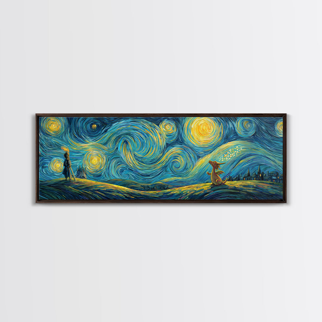 Whimsical Starry Night Inspired Canvas Print With Playful Dragon And Knight In Vibrant Blues And Yellows Unique Wall Art For Kids Room And Fantasy Decor