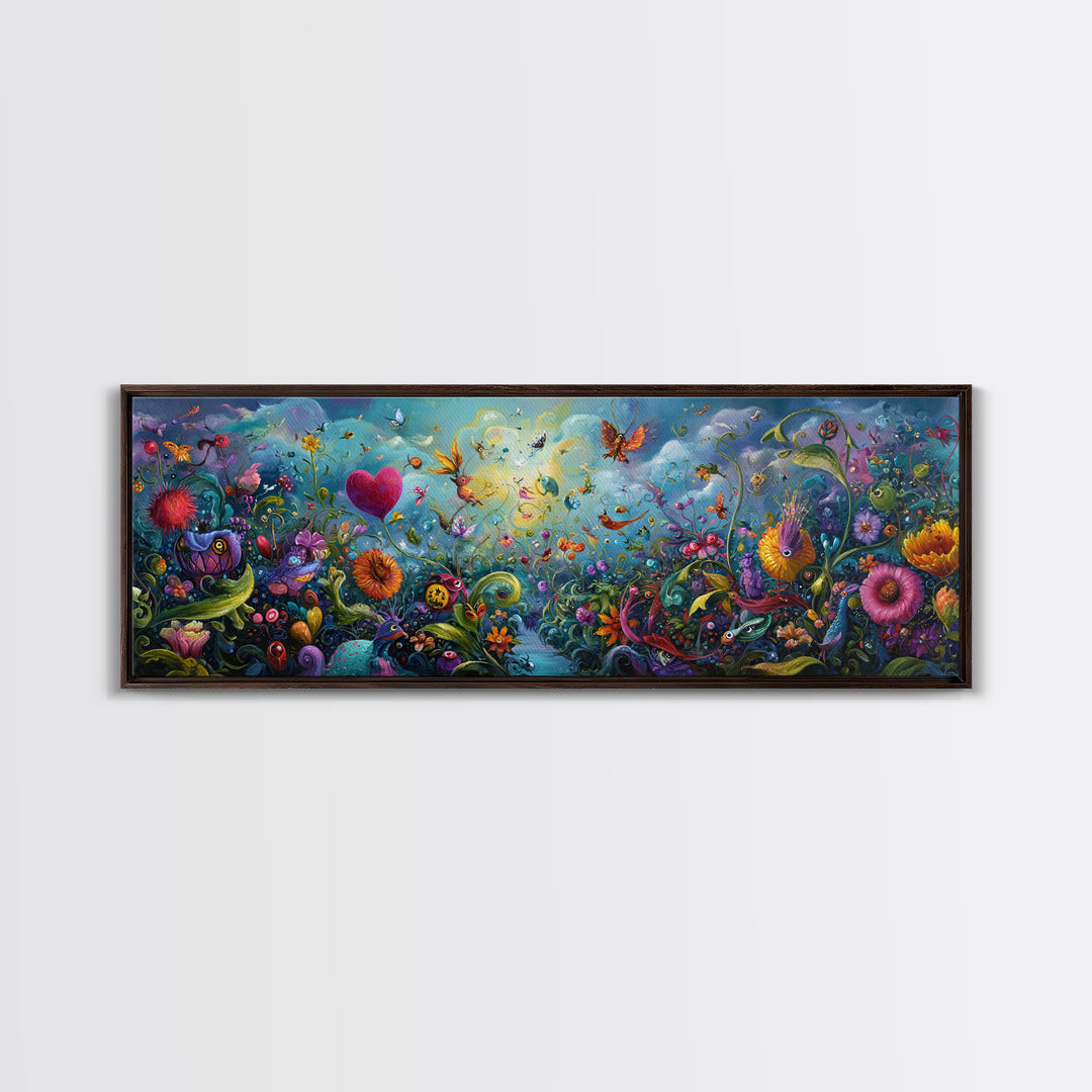 Ethereal Mystical Landscape With Cloud Giant Looming Over Young Boy Wall Art Framed Canvas Print For Inspirational Decor