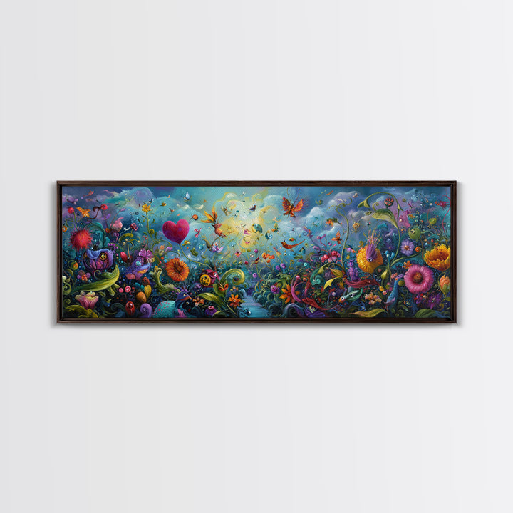 Ethereal Mystical Landscape With Cloud Giant Looming Over Young Boy Wall Art Framed Canvas Print For Inspirational Decor