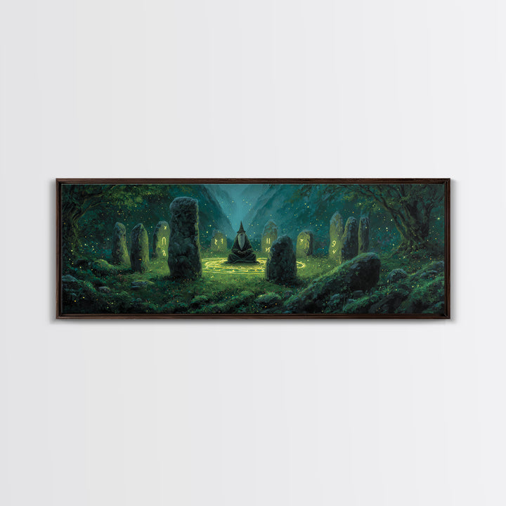 Fantasy Magician Meditating Among Ancient Stones Spellcasting Abstract Wall Art Canvas Print For Magical Decor
