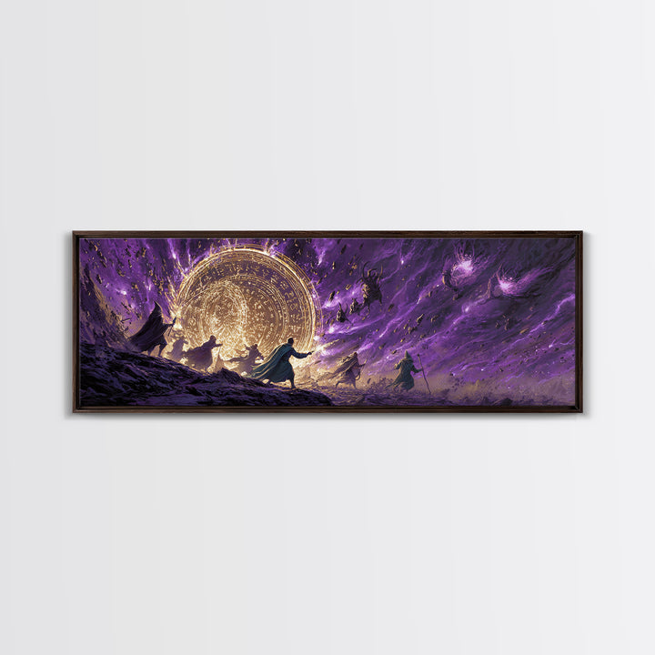 Epic Fantasy Battle Scene With Mages Creating Magical Barrier Against Creatures Wall Art Canvas Print