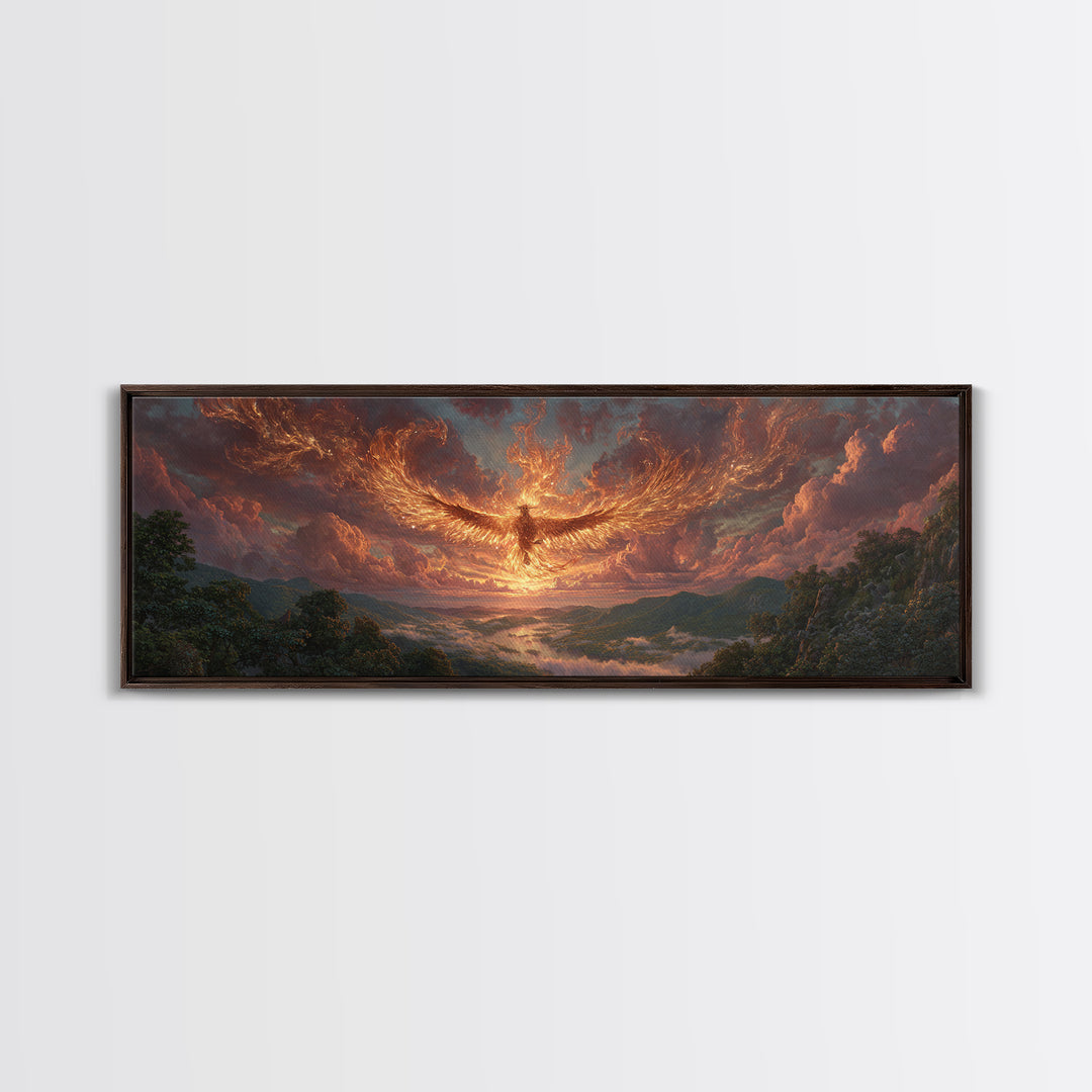 Majestic Phoenix Rising Over Scenic Valley Dramatic Sunset Landscape Canvas Print Modern Wall Art