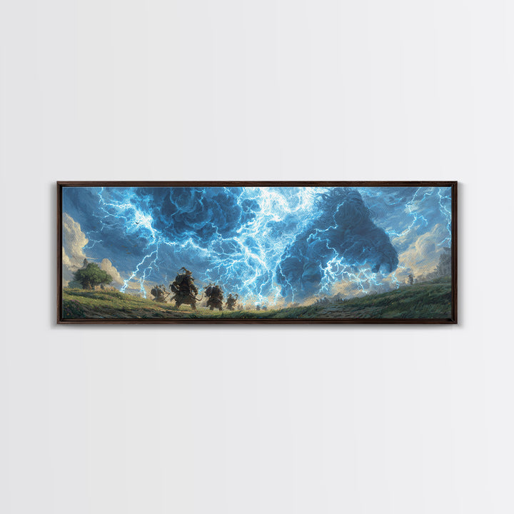 Epic Fantasy Battle Art Depicting Warriors Facing Giant Made Of Stormy Clouds Canvas Print
