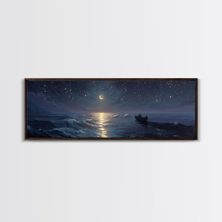 Serene Night Ocean Scene With Boat And Crescent Moon Under Starry Sky Wall Art Modern Coastal Decor Canvas Print