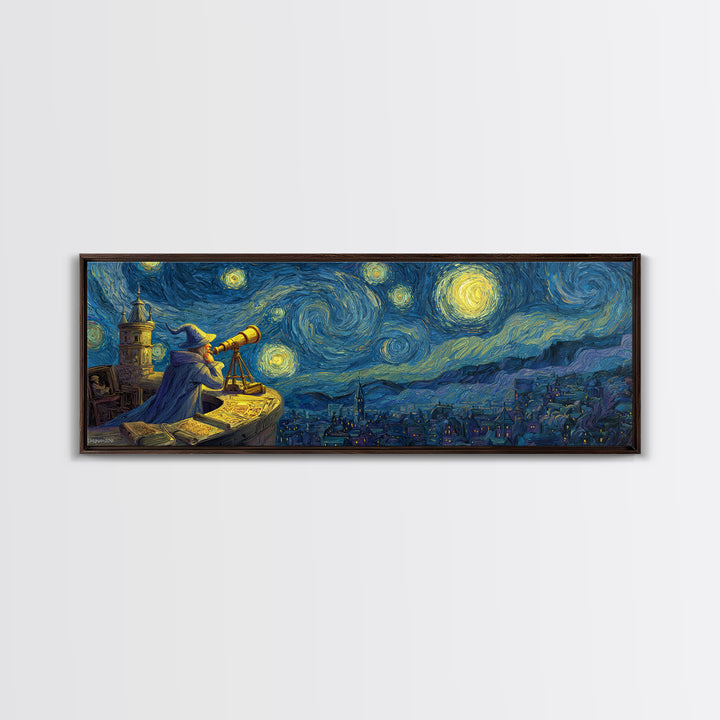 Starry Night Sky Over Town With Wizard And Telescope Classic Van Gogh Style Wall Art Framed Canvas Print