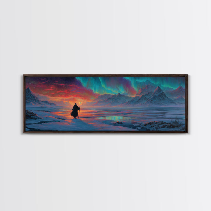 Wanderer Under Northern Lights Canvas Print, Aurora Borealis Wall Art, Arctic Mountain Landscape, Celestial Fantasy Decor