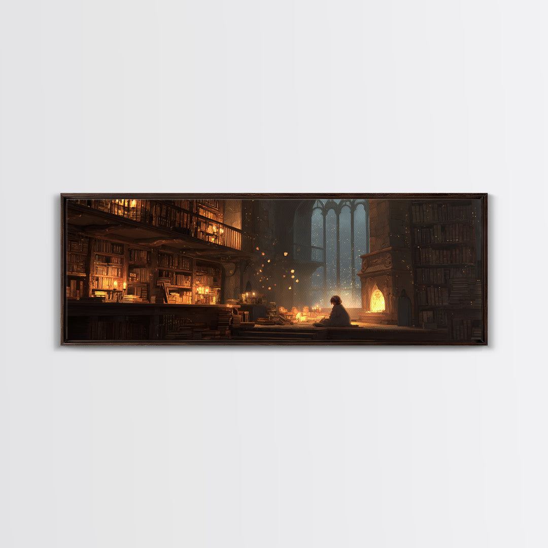 Warm Cozy Library Scene With Child Reading By Fireplace - Charming Home Decor Wall Art Framed Canvas Print For Study Rooms