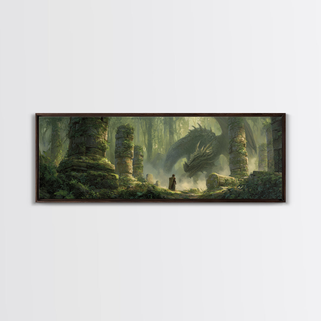 Ancient Forest With Massive Dragon Resting Amidst Ruins - Fantasy Wall Art Framed Canvas Print For Magical And Whimsical Decor